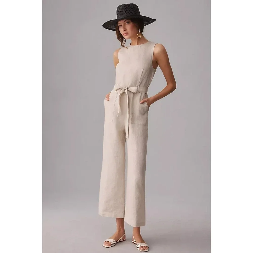 Reformation Linen Jumpsuit Naomi Sz 8 Belted Sleeveless Straight Leg Beige Flax